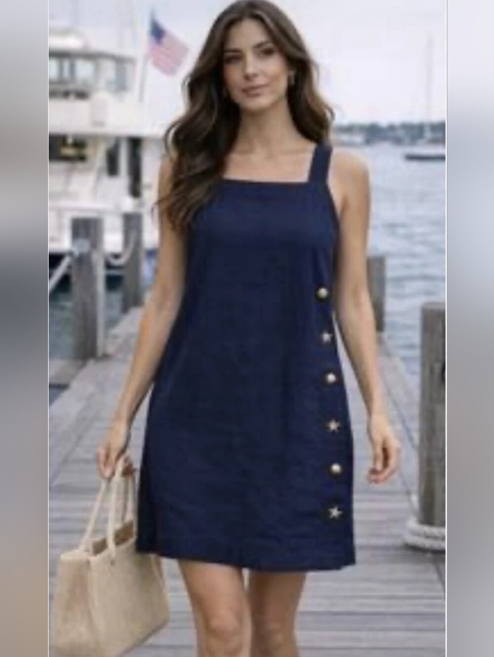 Cynthia Rowley Navy Side-Button A-Line Linen Dress Size L